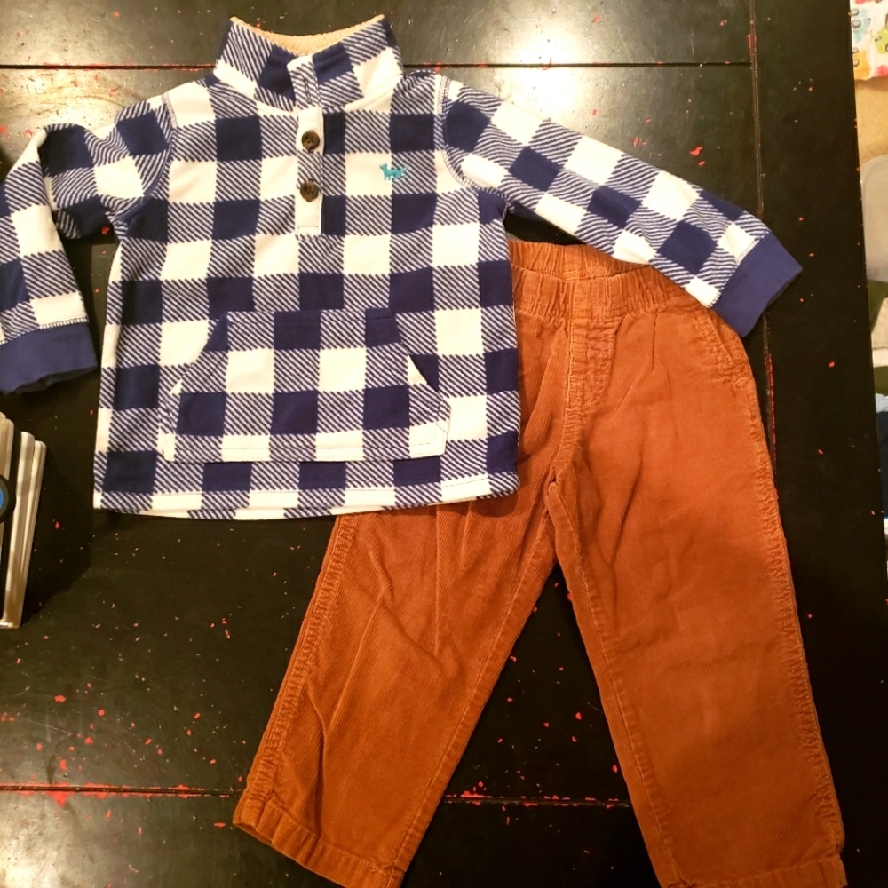 Carter's blue buffalo plaid fleece pullover and tan corduroy pants winter outfit
